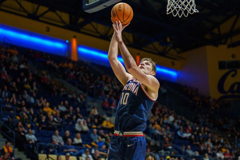 Feb 9, 2023; Berkeley, California, USA; Arizona Wildcats forward Azuolas Tubelis (10) shoots a layup against the California Golden Bears during the second half at Haas Pavilion. Mandatory Credit: Neville E.  Guard-USA TODAY Sports