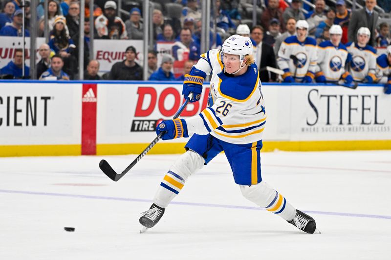 Nov 30, 2023; St. Louis, Missouri, USA;  Buffalo Sabres defenseman Rasmus Dahlin (26) shoots against the St. Louis Blues during the third period at Enterprise Center. Mandatory Credit: Jeff Curry-USA TODAY Sports