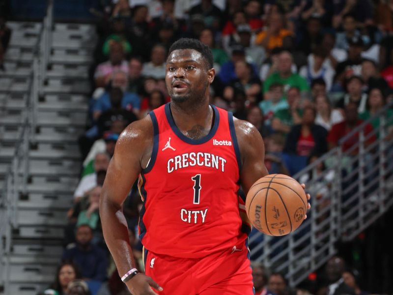 NEW ORLEANS, LA - MARCH 30: Zion Williamson #1 of the New Orleans Pelicans brings the ball up court during the game against the Boston Celtics on March 30, 2024 at the Smoothie King Center in New Orleans, Louisiana. NOTE TO USER: User expressly acknowledges and agrees that, by downloading and or using this Photograph, user is consenting to the terms and conditions of the Getty Images License Agreement. Mandatory Copyright Notice: Copyright 2024 NBAE (Photo by Layne Murdoch Jr./NBAE via Getty Images)