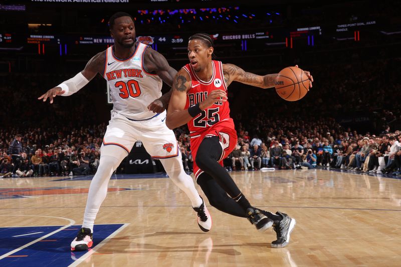 NEW YORK, NY - JANUARY 3: Dalen Terry #25 of the Chicago Bulls drives to the basket during the game against the New York Knicks on January 3, 2024 at Madison Square Garden in New York City, New York.  NOTE TO USER: User expressly acknowledges and agrees that, by downloading and or using this photograph, User is consenting to the terms and conditions of the Getty Images License Agreement. Mandatory Copyright Notice: Copyright 2024 NBAE  (Photo by Nathaniel S. Butler/NBAE via Getty Images)