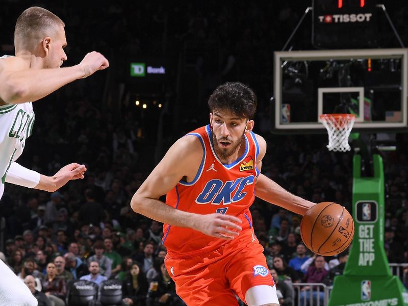 BOSTON, MA - APRIL 3: Chet Holmgren #7 of the Oklahoma City Thunder handles the ball during the game against the Boston Celtics on April 3, 2024 at the TD Garden in Boston, Massachusetts. NOTE TO USER: User expressly acknowledges and agrees that, by downloading and or using this photograph, User is consenting to the terms and conditions of the Getty Images License Agreement. Mandatory Copyright Notice: Copyright 2024 NBAE  (Photo by Brian Babineau/NBAE via Getty Images)