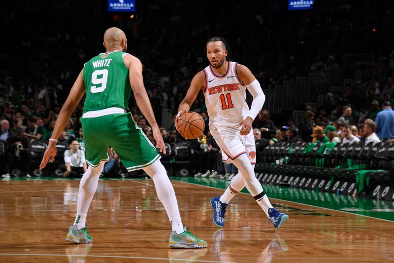 BOSTON, MA - OCTOBER 22: Jalen Brunson #11 of the New York Knicks dribbles the ball during the game against the Boston Celtics on October 22, 2024 at TD Garden in Boston, Massachusetts. NOTE TO USER: User expressly acknowledges and agrees that, by downloading and/or using this Photograph, user is consenting to the terms and conditions of the Getty Images License Agreement. Mandatory Copyright Notice: Copyright 2024 NBAE (Photo by Brian Babineau/NBAE via Getty Images)