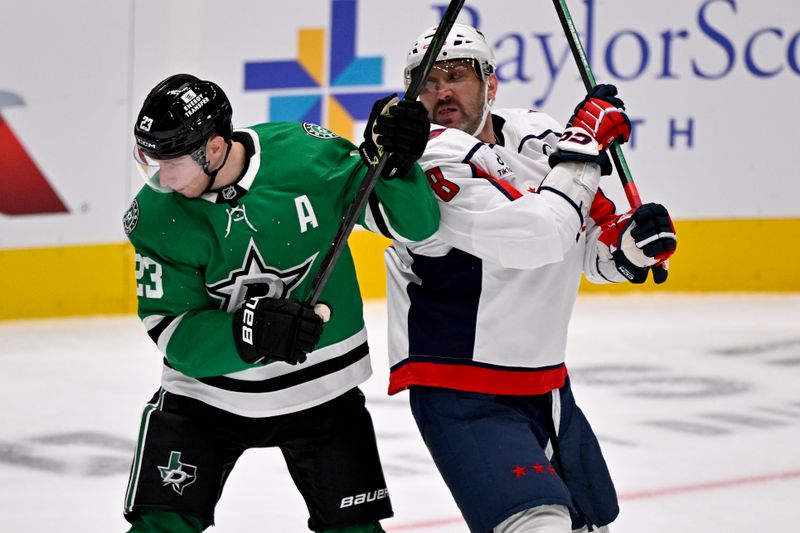 Oct 28, 2025; Dallas, Texas, USA; Dallas Stars defenseman Esa Lindell (23) and Washington Capitals left wing Alex Ovechkin (8) look for the puck during the second period at the American Airlines Center. Mandatory Credit: Jerome Miron-Imagn Images