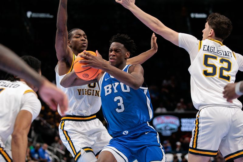 Mar 11, 2026; Kansas City, MO, USA; BYU Cougars forward AJ Dybantsa (3) drives to the basket around West Virginia Mountaineers forward Brenen Lorient (0) during the second half at T-Mobile Center. Mandatory Credit: William Purnell-Imagn Images Mar 11, 2026; Kansas City, MO, USA; BYU Cougars forward AJ Dybantsa (3) drives to the basket around West Virginia Mountaineers forward Brenen Lorient (0) during the second half at T-Mobile Center. Mandatory Credit: William Purnell-Imagn Images