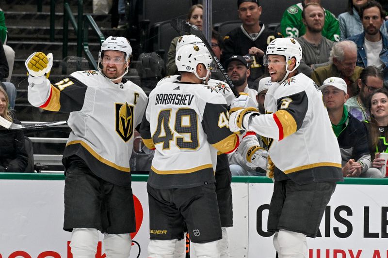 Dec 9, 2023; Dallas, Texas, USA; Vegas Golden Knights right wing Mark Stone (61) and center Ivan Barbashev (49) and defenseman Brayden McNabb (3) celebrates a goal scored by Stone against the Dallas Stars during the first period at the American Airlines Center. Mandatory Credit: Jerome Miron-USA TODAY Sports