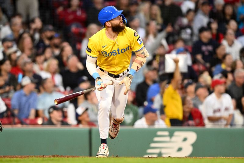 Sep 28, 2024; Boston, Massachusetts, USA; Boston Red Sox shortstop Trevor Story (10) hits a double against the Tampa Bay Rays during the eighth inning at Fenway Park. Mandatory Credit: Brian Fluharty-Imagn Images