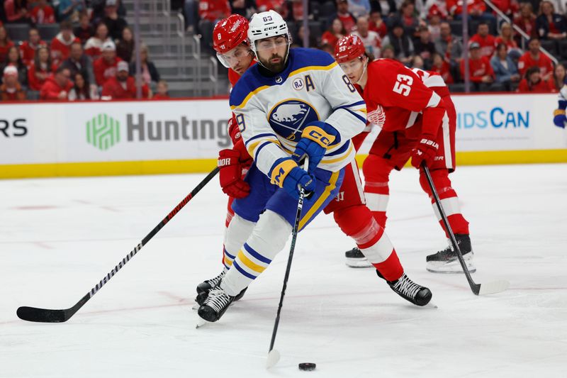 Apr 7, 2024; Detroit, Michigan, USA; Buffalo Sabres right wing Alex Tuch (89)ref10 skates with the puck in the first period against the Detroit Red Wings at Little Caesars Arena. Mandatory Credit: Rick Osentoski-USA TODAY Sports