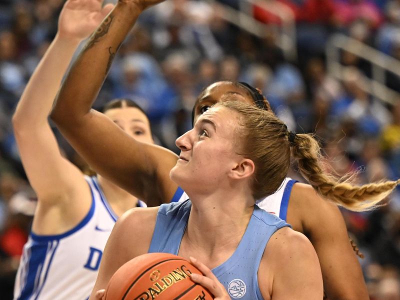 Mar 3, 2023; Greensboro, NC, USA; North Carolina Tar Heels guard Alyssa Ustby (1) looks to shoot during the first half at Greensboro Coliseum. Mandatory Credit: William Howard-USA TODAY Sports