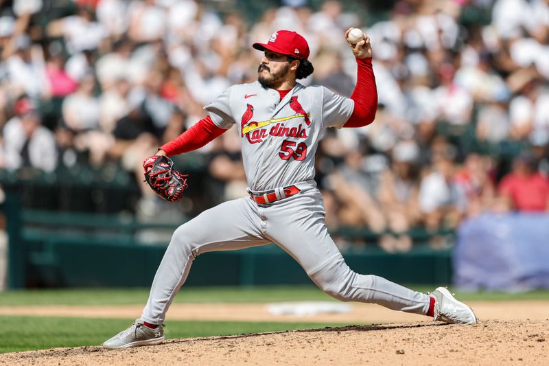 Jul 9, 2023; Chicago, Illinois, USA; St. Louis Cardinals relief pitcher JoJo Romero (59) delivers a pitch against the Chicago White Sox during the tenth inning at Guaranteed Rate Field. Mandatory Credit: Kamil Krzaczynski-USA TODAY Sports