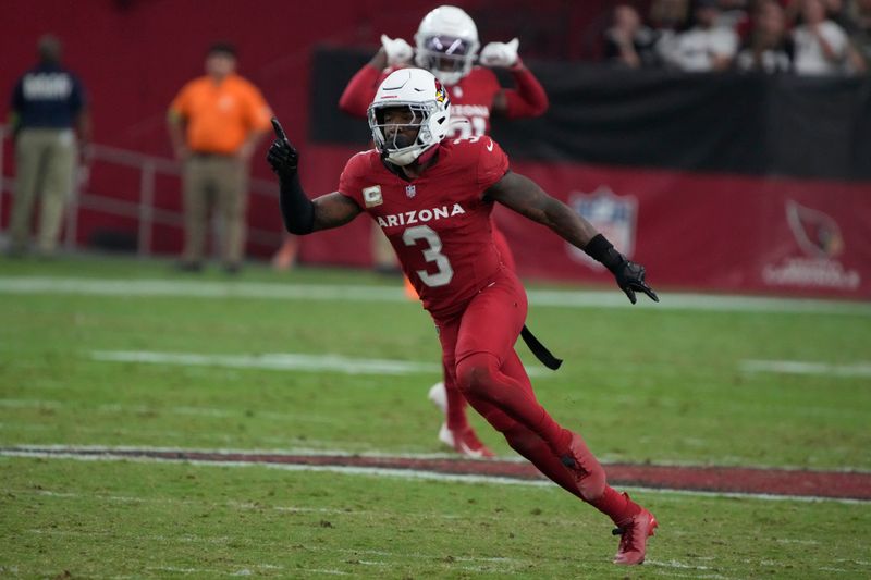 Arizona Cardinals safety Budda Baker (3) lines up against the Atlanta Falcons during the first half of an NFL football game, Sunday, Nov. 12, 2023, in Glendale, Ariz. (AP Photo/Rick Scuteri)