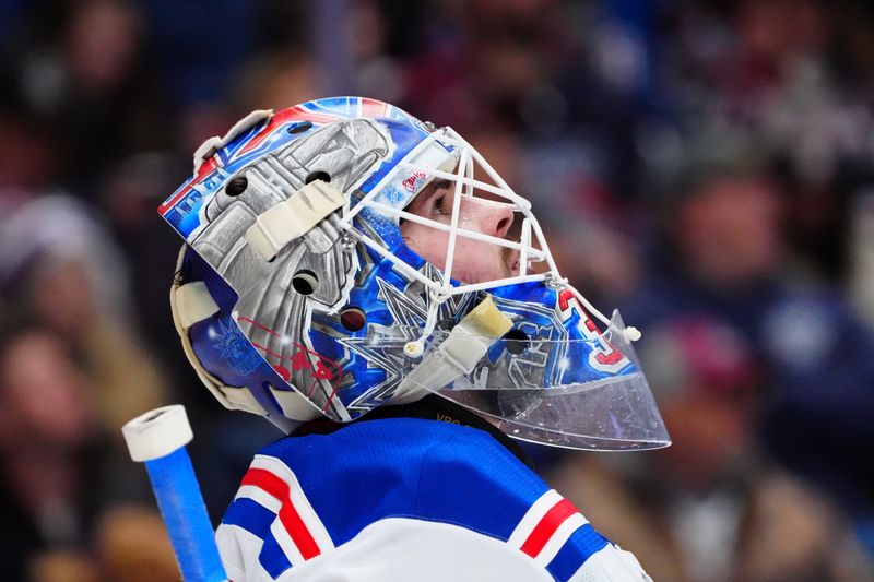 Jan 14, 2025; Denver, Colorado, USA; New York Rangers goaltender Igor Shesterkin (31) during the second period against the Colorado Avalanche at Ball Arena. Mandatory Credit: Ron Chenoy-Imagn Images