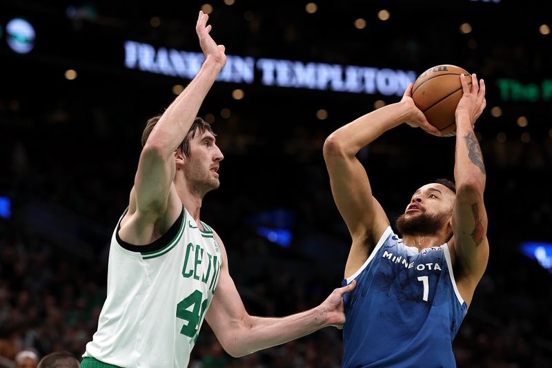 BOSTON, MASSACHUSETTS - JANUARY 10: Kyle Anderson #1 of the Minnesota Timberwolves takes a shot against Luke Kornet #40 of the Boston Celtics during the first quarter at TD Garden on January 10, 2024 in Boston, Massachusetts. NOTE TO USER: User expressly acknowledges and agrees that, by downloading and or using this photograph, user is consenting to the terms and conditions of the Getty Images License Agreement.  (Photo by Maddie Meyer/Getty Images)