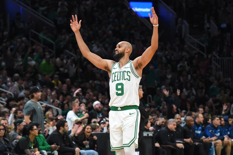 BOSTON, MA - NOVEMBER 24: Derrick White #9 of the Boston Celtics celebrates during the game against the Minnesota Timberwolves on November 24, 2024 at the TD Garden in Boston, Massachusetts. NOTE TO USER: User expressly acknowledges and agrees that, by downloading and or using this photograph, User is consenting to the terms and conditions of the Getty Images License Agreement. Mandatory Copyright Notice: Copyright 2024 NBAE(Photo by Brian Babineau/NBAE via Getty Images)