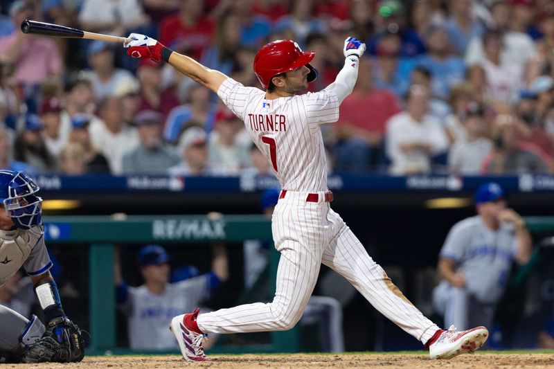 Aug 5, 2023; Philadelphia, Pennsylvania, USA; Philadelphia Phillies shortstop Trea Turner (7) hits an RBI double during the eighth inning against the Kansas City Royals at Citizens Bank Park. Mandatory Credit: Bill Streicher-USA TODAY Sports