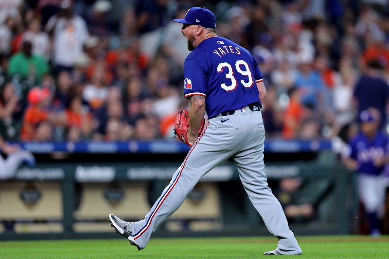 Jul 13, 2024; Houston, Texas, USA; Texas Rangers pitcher Kirby Yates (39) reacts after a strikeout to end the game against the Houston Astros during the tenth inning at Minute Maid Park. Mandatory Credit: Erik Williams-USA TODAY Sports