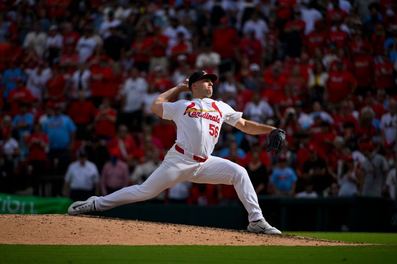 Sep 22, 2024; St. Louis, Missouri, USA; St. Louis Cardinals relief pitcher Ryan Helsley (56) pitches against the Cleveland Guardians during the ninth inning at Busch Stadium. Mandatory Credit: Jeff Curry-Imagn Images