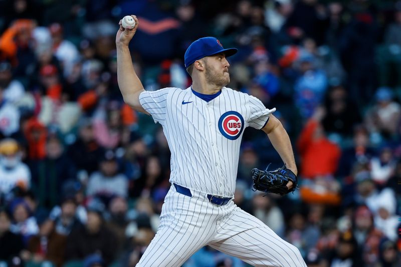 Apr 24, 2024; Chicago, Illinois, USA; Chicago Cubs starting pitcher Jameson Taillon (50) delivers a pitch against the Houston Astros during the first inning at Wrigley Field. Mandatory Credit: Kamil Krzaczynski-USA TODAY Sports