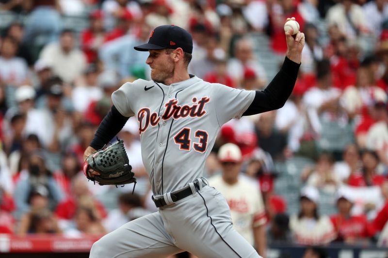 Sep 17, 2023; Anaheim, California, USA; Detroit Tigers starting pitcher Joey Wentz (43) pitches during the sixth inning against the Los Angeles Angels at Angel Stadium. Mandatory Credit: Kiyoshi Mio-USA TODAY Sports