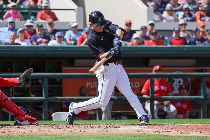 Mar 4, 2024; Lakeland, Florida, USA; Detroit Tigers right fielder Mark Canha (21) bats during the second inning against the Boston Red Sox at Publix Field at Joker Marchant Stadium. Mandatory Credit: Mike Watters-USA TODAY Sports