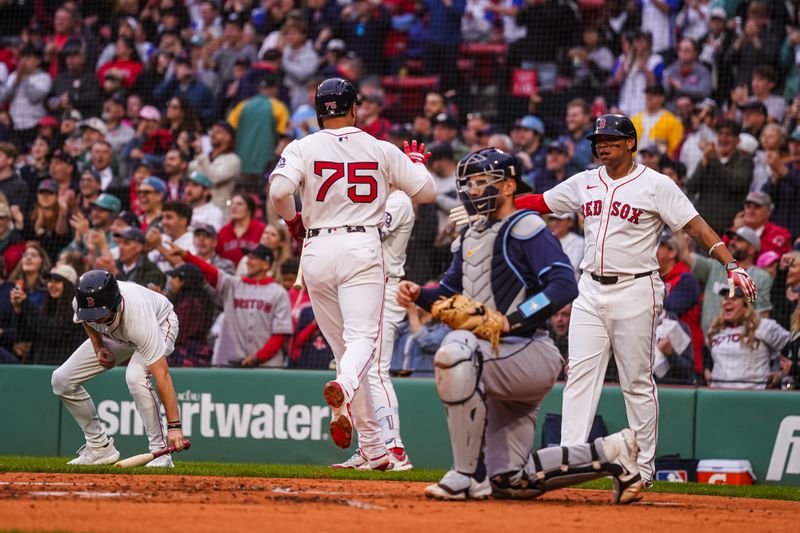 Jun 10, 2025; Boston, Massachusetts, USA; Boston Red Sox Boston Red Sox catcher Carlos Narváez (75) scores against the Tampa Bay Rays in the first inning at Fenway Park. Mandatory Credit: David Butler II-Imagn Images