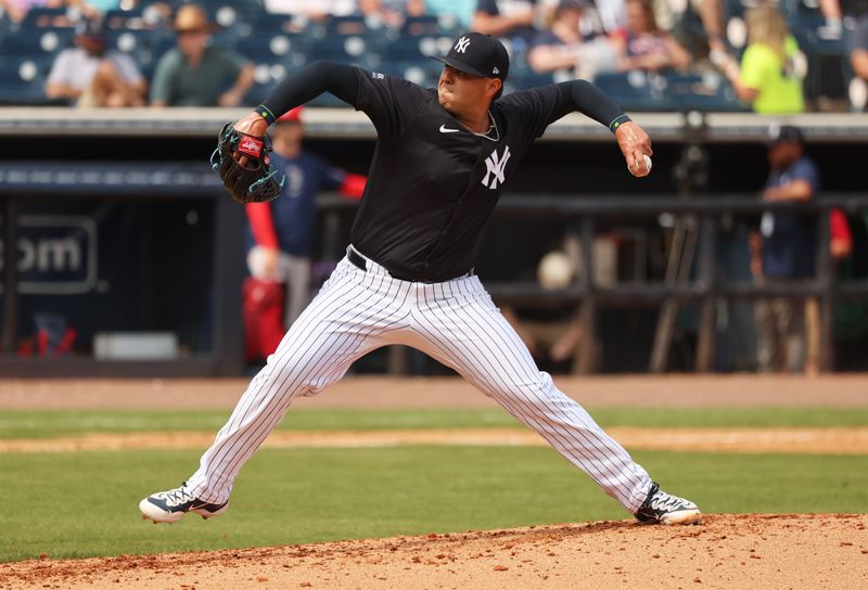 Mar 13, 2024; Tampa, Florida, USA; New York Yankees relief pitcher Nick Ramirez (63) throws a pitch during the fifth inning against the Boston Red Sox at George M. Steinbrenner Field. Mandatory Credit: Kim Klement Neitzel-USA TODAY Sports