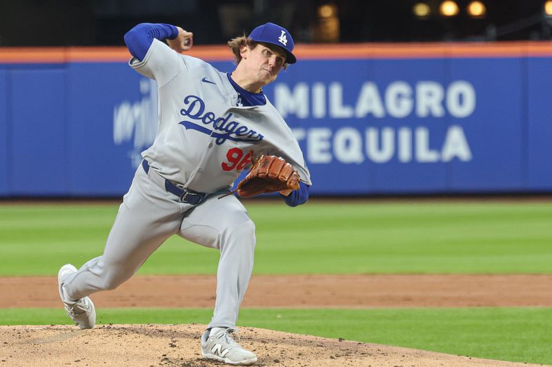 May 25, 2025; New York City, New York, USA; Los Angeles Dodgers starting pitcher Landon Knack (96) delivers a pitch during the third inning against the New York Mets at Citi Field. Mandatory Credit: Vincent Carchietta-Imagn Images