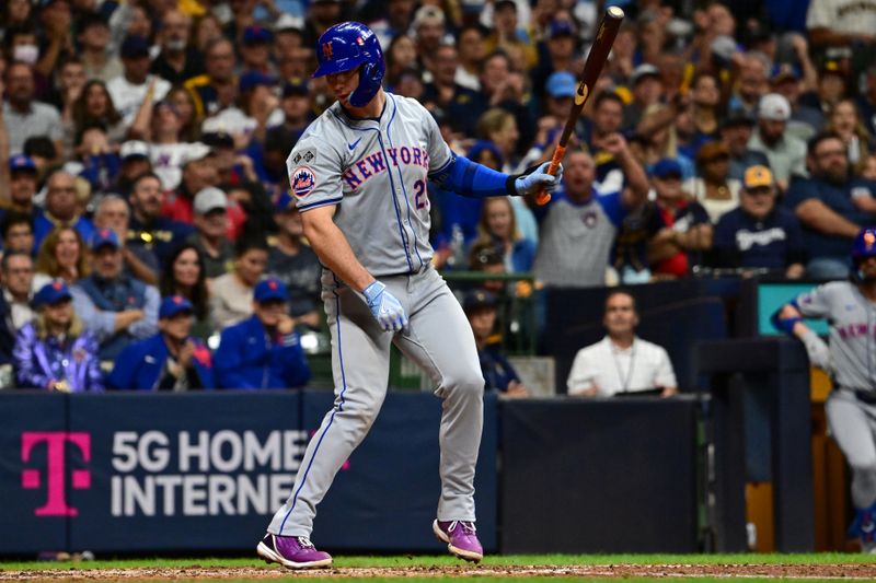 Oct 3, 2024; Milwaukee, Wisconsin, USA; New York Mets first baseman Pete Alonso (20) strikes out against the Milwaukee Brewers in the seventh inning during game three of the Wildcard round for the 2024 MLB Playoffs at American Family Field. Mandatory Credit: Benny Sieu-Imagn Images