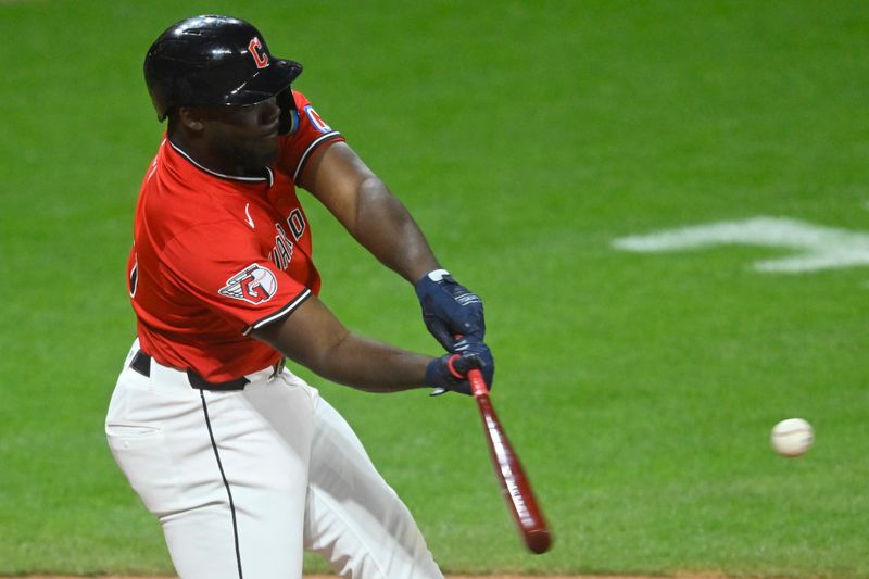 Apr 29, 2025; Cleveland, Ohio, USA; Cleveland Guardians right fielder Jhonkensy Noel (43) singles in the second inning against the Minnesota Twins at Progressive Field. Mandatory Credit: David Richard-Imagn Images