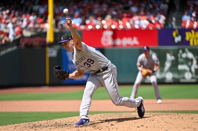 Aug 6, 2023; St. Louis, Missouri, USA;  Colorado Rockies relief pitcher Brent Suter (39) pitches against the St. Louis Cardinals during the seventh inning at Busch Stadium. Mandatory Credit: Jeff Curry-USA TODAY Sports