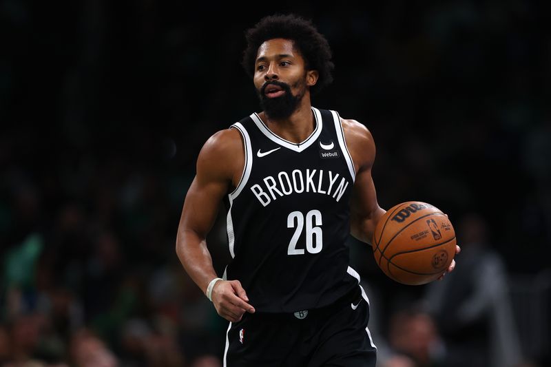 BOSTON, MASSACHUSETTS - NOVEMBER 10: Spencer Dinwiddie #26 of the Brooklyn Nets dribbles downcourt against the Boston Celtics during the second half of their In-Season Tournament game at TD Garden on November 10, 2023 in Boston, Massachusetts. The Celtics defeat the Nets 121-107. NOTE TO USER: User expressly acknowledges and agrees that, by downloading and or using this photograph, User is consenting to the terms and conditions of the Getty Images License Agreement. (Photo by Maddie Meyer/Getty Images)