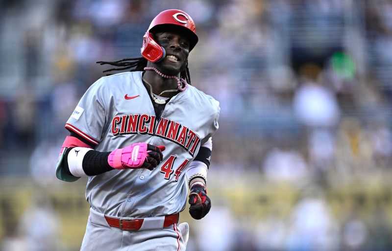 Apr 29, 2024; San Diego, California, USA; Cincinnati Reds shortstop Elly De La Cruz (44) rounds the bases after hitting a home run against the San Diego Padres during the first inning at Petco Park. Mandatory Credit: Orlando Ramirez-USA TODAY Sports