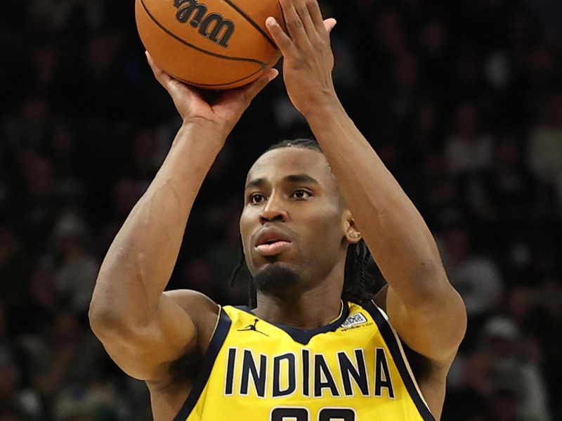 MILWAUKEE, WISCONSIN - APRIL 27: Aaron Nesmith #23 of the Indiana Pacers shoots the ball against the Milwaukee Bucks during the second quarter in Game Four of the Eastern Conference First Round NBA Playoffs at Fiserv Forum on April 27, 2025 in Milwaukee, Wisconsin. NOTE TO USER: User expressly acknowledges and agrees that, by downloading and or using this photograph, User is consenting to the terms and conditions of the Getty Images License Agreement. (Photo by Stacy Revere/Getty Images)