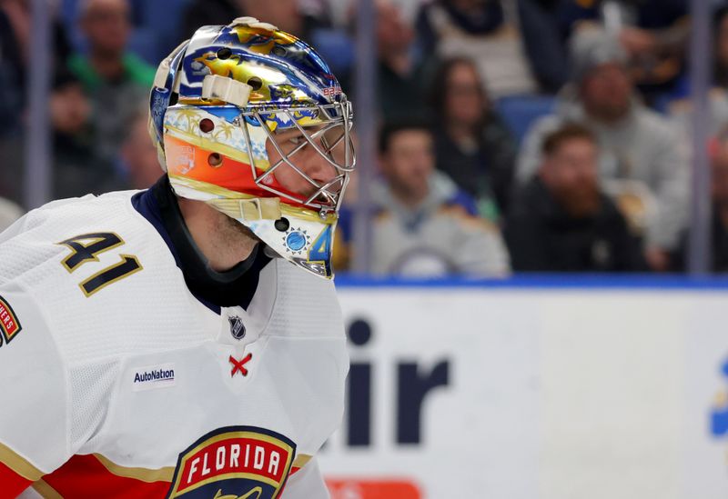 Feb 15, 2024; Buffalo, New York, USA;  Florida Panthers goaltender Anthony Stolarz (41) looks for the puck during the second period against the Buffalo Sabres at KeyBank Center. Mandatory Credit: Timothy T. Ludwig-USA TODAY Sports