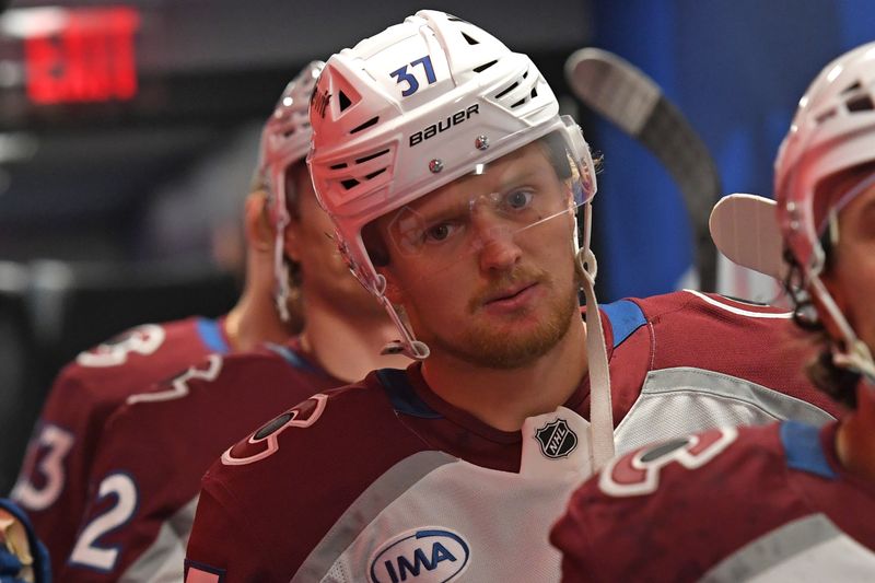 Nov 18, 2024; Philadelphia, Pennsylvania, USA; Colorado Avalanche center Casey Mittelstadt (37) before warmups against the Philadelphia Flyers at Wells Fargo Center. Mandatory Credit: Eric Hartline-Imagn Images