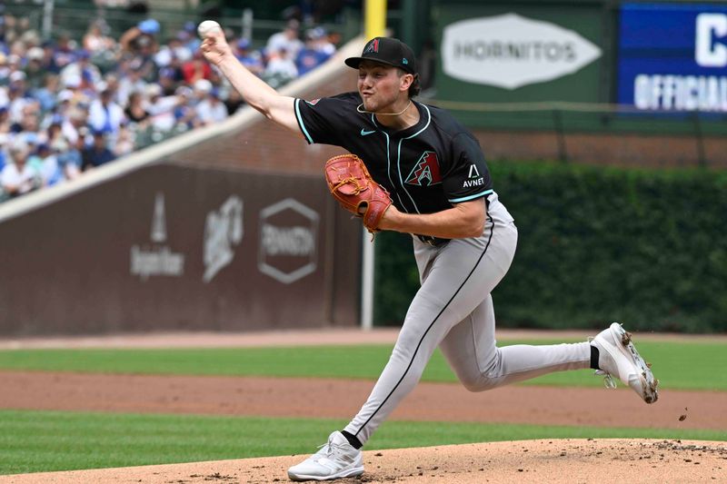 Jul 21, 2024; Chicago, Illinois, USA;  Arizona Diamondbacks pitcher Brandon Pfaadt (32) pitches against the Chicago Cubs during the first inning at Wrigley Field. Mandatory Credit: Matt Marton-USA TODAY Sports