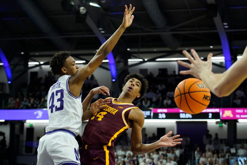 Mar 9, 2024; Evanston, Illinois, USA; Northwestern Wildcats guard Blake Smith (43) defends Minnesota Golden Gophers guard Cam Christie (24) during the first half at Welsh-Ryan Arena. Mandatory Credit: David Banks-USA TODAY Sports