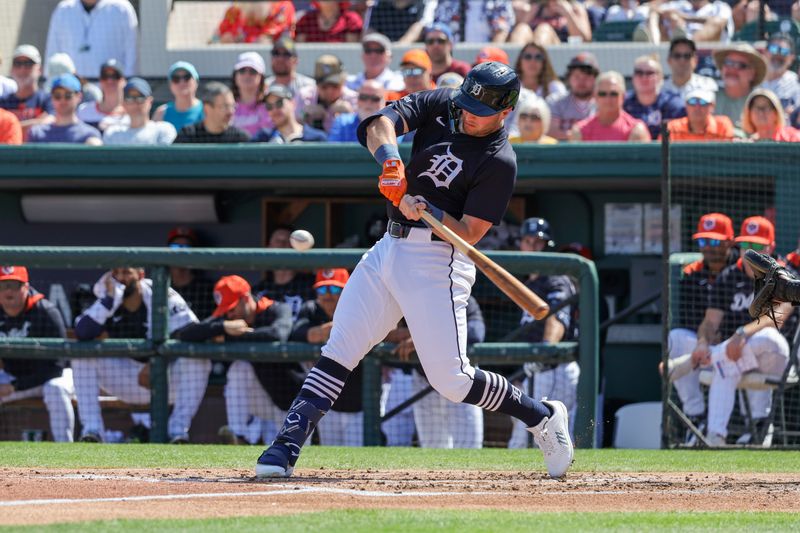 Mar 3, 2025; Lakeland, Florida, USA; Detroit Tigers third baseman Jace Jung (17) bats during the second inning against the Toronto Blue Jays at Publix Field at Joker Marchant Stadium. Mandatory Credit: Mike Watters-Imagn Images