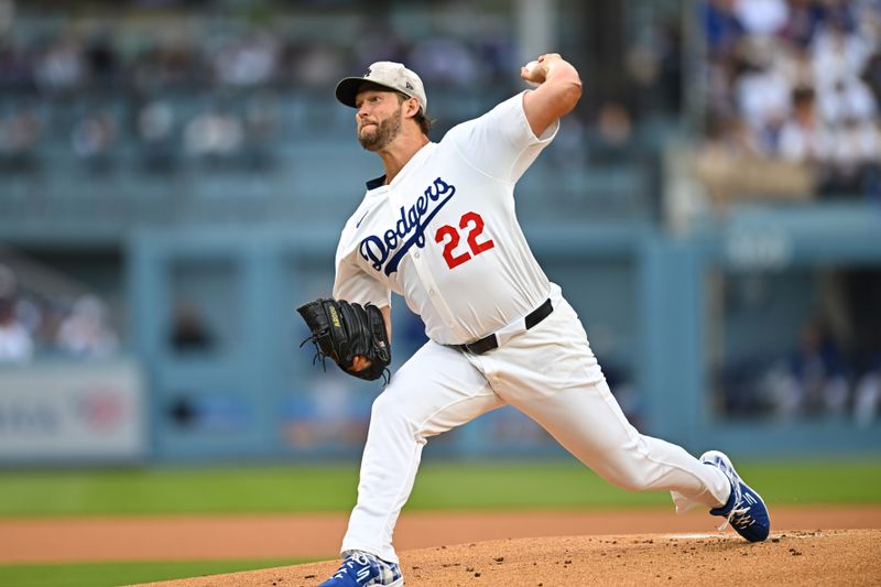 May 17, 2025; Los Angeles, California, USA; Los Angeles Dodgers pitcher Clayton Kershaw (22) pitches in the first inning against the Los Angeles Angels at Dodger Stadium. Mandatory Credit: Jonathan Hui-Imagn Images