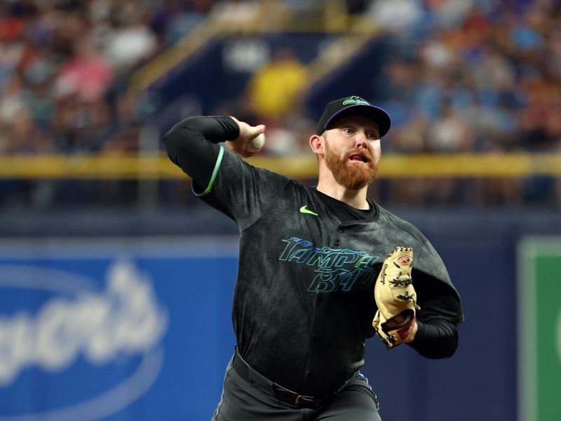 May 4, 2024; St. Petersburg, Florida, USA;  Tampa Bay Rays starting pitcher Zack Littlell (52) throws a pitch against the New York Mets during the third inning at Tropicana Field. Mandatory Credit: Kim Klement Neitzel-USA TODAY Sports