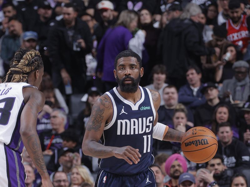 SACRAMENTO, CA - MARCH 29:  Kyrie Irving #11 of the Dallas Mavericks handles the ball during the game  on March 29, 2024 at Golden 1 Center in Sacramento, California. NOTE TO USER: User expressly acknowledges and agrees that, by downloading and or using this Photograph, user is consenting to the terms and conditions of the Getty Images License Agreement. Mandatory Copyright Notice: Copyright 2024 NBAE (Photo by Rocky Widner/NBAE via Getty Images)