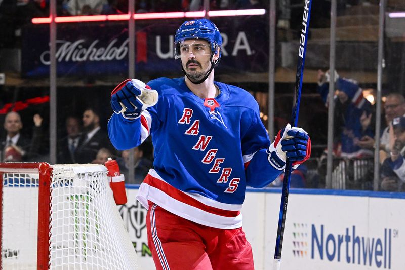 Dec 2, 2024; New York, New York, USA;  New York Rangers left wing Chris Kreider (20) celebrates his goal against the New Jersey Devils during the second period at Madison Square Garden. Mandatory Credit: Dennis Schneidler-Imagn Images