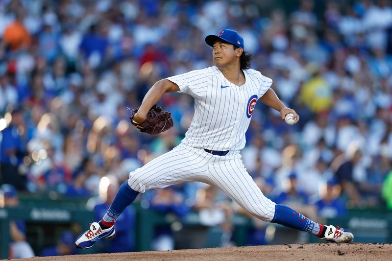 Jul 3, 2024; Chicago, Illinois, USA; Chicago Cubs starting pitcher Shota Imanaga (18) delivers a pitch against the Philadelphia Phillies during the first inning at Wrigley Field. Mandatory Credit: Kamil Krzaczynski-USA TODAY Sports