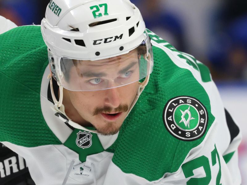 Mar 9, 2023; Buffalo, New York, USA;  Dallas Stars left wing Mason Marchment (27) waits for the face-off during the first period against the Buffalo Sabres at KeyBank Center. Mandatory Credit: Timothy T. Ludwig-USA TODAY Sports