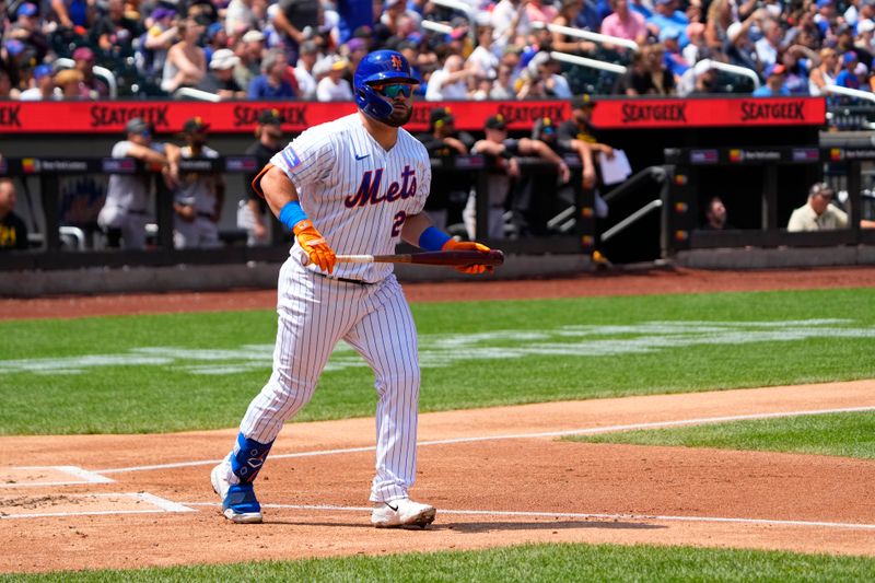 Aug 16, 2023; New York City, New York, USA; New York Mets right fielder DJ Steward (29) watches his home run against the Pittsburgh Pirates during the second inning at Citi Field. Mandatory Credit: Gregory Fisher-USA TODAY Sports