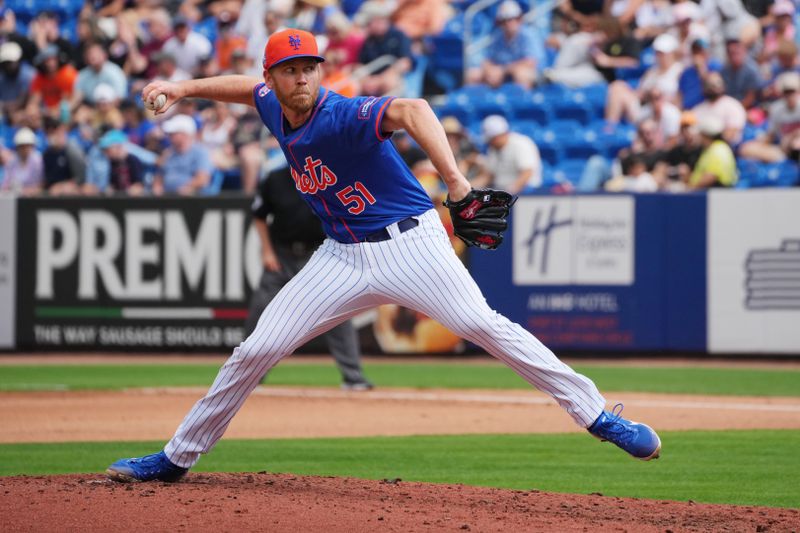 Mar 3, 2024; Port St. Lucie, Florida, USA; New York Mets relief pitcher Michael Tonkin (51) pitches in the fourth inning at Clover Park. Mandatory Credit: Jim Rassol-USA TODAY Sports