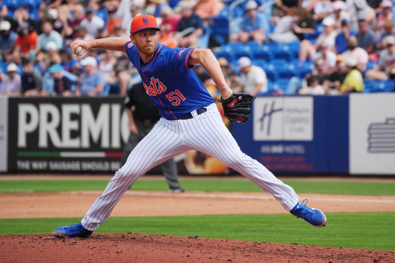 Mar 3, 2024; Port St. Lucie, Florida, USA; New York Mets relief pitcher Michael Tonkin (51) pitches in the fourth inning at Clover Park. Mandatory Credit: Jim Rassol-USA TODAY Sports