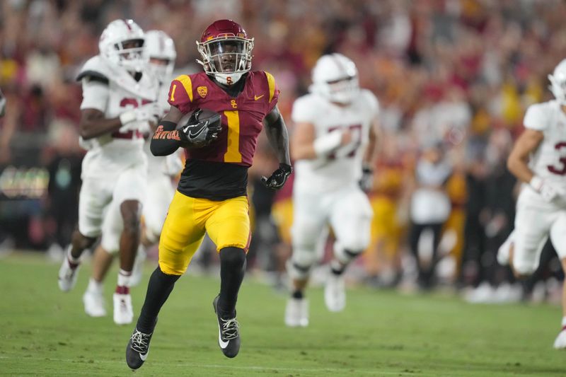 Sep 9, 2023; Los Angeles, California, USA; Southern California Trojans wide receiver Zachariah Branch (1) scores on a 50-yard punt return in the first half at United Airlines Field at Los Angeles Memorial Coliseum. Mandatory Credit: Kirby Lee-USA TODAY Sports