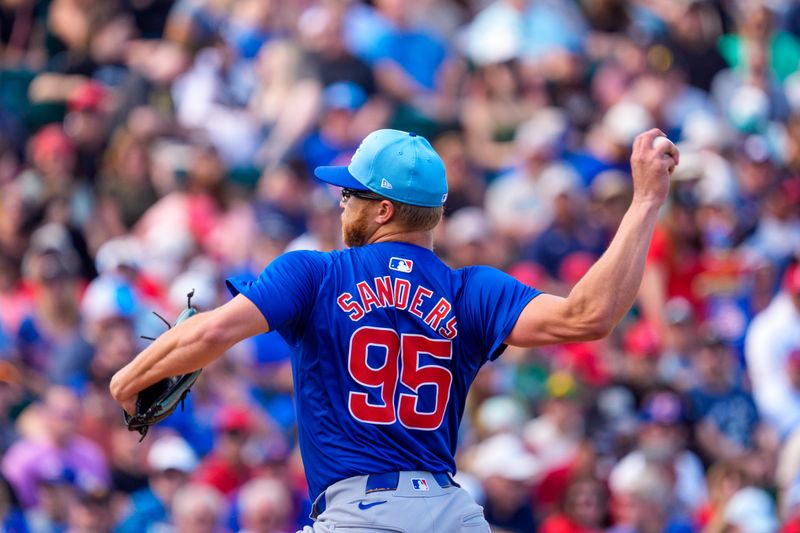 Mar 16, 2024; Tempe, Arizona, USA; Chicago Cubs pitcher Cam Sanders (95) pitches in the bottom of the seventh inning during a spring training game against the Los Angeles Angels at Tempe Diablo Stadium. Mandatory Credit: Allan Henry-USA TODAY Sports