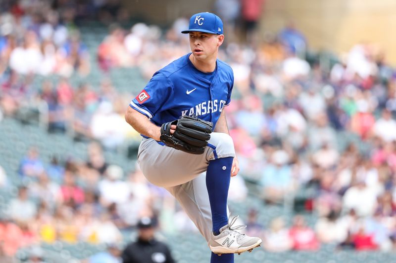 May 25, 2025; Minneapolis, Minnesota, USA; Kansas City Royals starting pitcher Kris Bubic (50) delivers a pitch against the Minnesota Twins during the first inning at Target Field. Mandatory Credit: Matt Krohn-Imagn Images