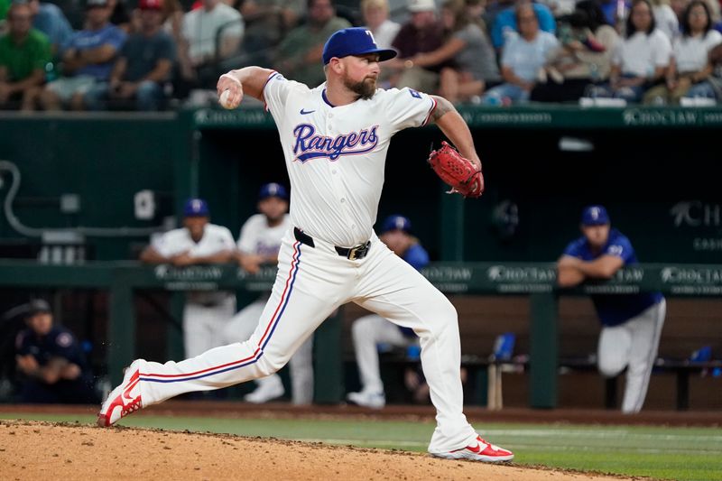 Jul 22, 2024; Arlington, Texas, USA; Texas Rangers relief pitcher Kirby Yates (39) throws to the plate during the ninth inning against the Chicago White Sox at Globe Life Field. Mandatory Credit: Raymond Carlin III-USA TODAY Sports